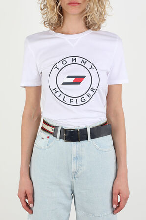 Gold Square Buckle Logo Embroidered Belt TOMMY HILFIGER